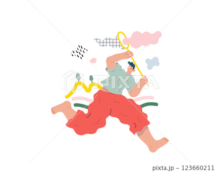 Life Unframed: Cloud catcher -modern flat vector concept illustration of running man with butterfly net. Metaphor of unpredictability, imagination, whimsy, cycle of existence, play, growth, discovery Life Unframed: Cloud catcher -modern flat vector concept illustration of running man with butterfly net. Metaphor of unpredictability, imagination, whimsy, cycle of existence, play, growth, discovery 123660211