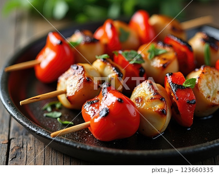 Mediterranean-Style Grilled Chicken and Bell Pepper Kebabs with Fresh Herbs on Rustic Cast Iron Serving Plate 123660335
