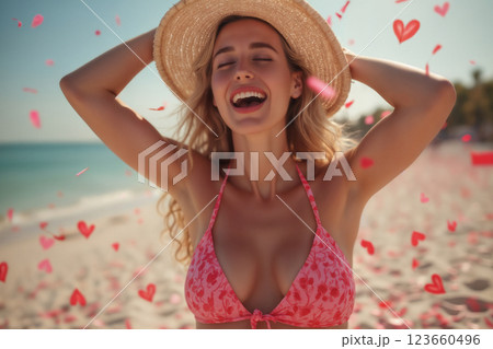 portrait of young beautiful girl wearing bikini swimsuit and posing on resort beach with view of sea. Surrounded by many red and pink hearts and petals. 123660496