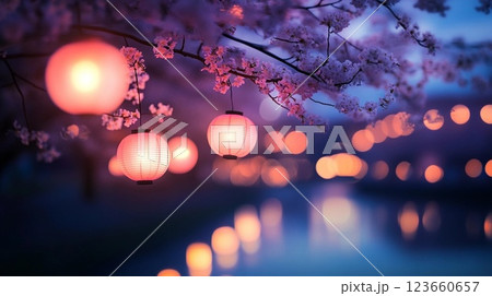 水面に映る桜 水面に映る桜 123660657