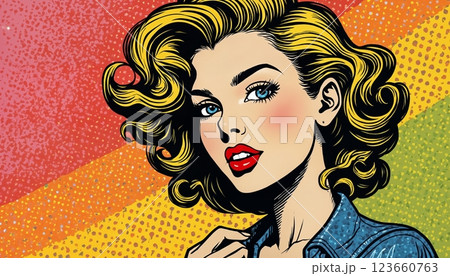 portrait of a girl with beautiful face and makeup, pop art illustration on abstract color background portrait of a girl with beautiful face and makeup, pop art illustration on abstract color background 123660763
