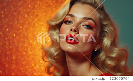 portrait of a girl with beautiful face and makeup, on abstract color background, romantic mood 123660764