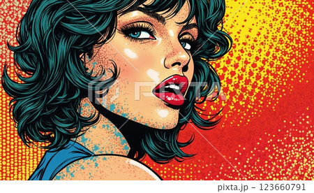 portrait of a girl with beautiful face and makeup, pop art illustration on abstract color background 123660791