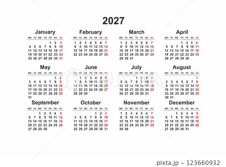 2027 Monday Start Horizontal Black and White Red Calendar Template, Simple layout of pocket or wall calendars. Yearly Stationery organizer in minimal design 2027 Monday Start Horizontal Black and White Red Calendar Template, Simple layout of pocket or wall calendars. Yearly Stationery organizer in minimal design 123660932