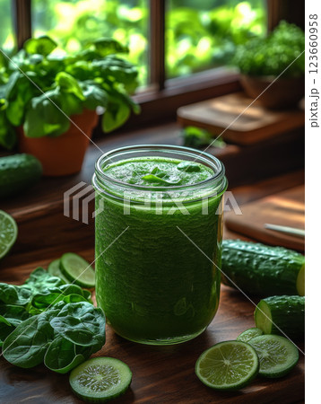 Fresh green smoothie in jar surrounded by cucumbers and spinach, showcasing healthy lifestyle. vibrant colors and natural light create inviting atmosphere Fresh green smoothie in jar surrounded by cucumbers and spinach, showcasing healthy lifestyle. vibrant colors and natural light create inviting atmosphere 123660958