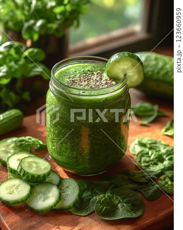 Fresh green smoothie in jar with cucumber slices and spinach, showcasing healthy ingredients and vibrant colors. Perfect for nutritious drink Fresh green smoothie in jar with cucumber slices and spinach, showcasing healthy ingredients and vibrant colors. Perfect for nutritious drink 123660959