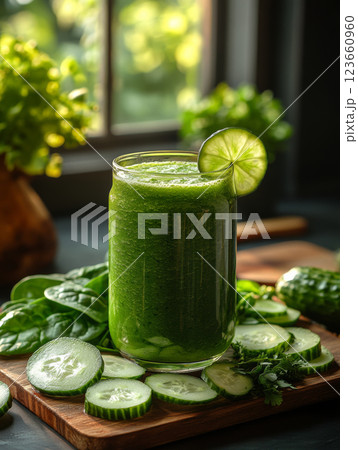 Fresh green smoothie with cucumber and spinach, garnished with lime, surrounded by sliced cucumbers and herbs, evokes refreshing and healthy vibe Fresh green smoothie with cucumber and spinach, garnished with lime, surrounded by sliced cucumbers and herbs, evokes refreshing and healthy vibe 123660960