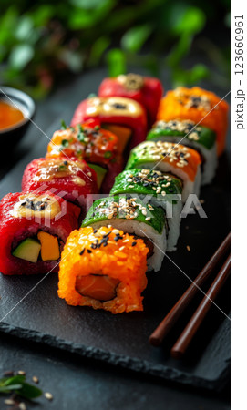 Delicious sushi rolls arranged on black slate plate, featuring vibrant colors and fresh ingredients. Perfect for food lovers and sushi enthusiasts Delicious sushi rolls arranged on black slate plate, featuring vibrant colors and fresh ingredients. Perfect for food lovers and sushi enthusiasts 123660961