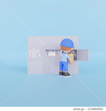 3DCG｜宅配ボックスに荷物を入れる配達員の男性 123660992