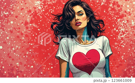 portrait of a girl with beautiful face and makeup, wearing a T-shirt with a big red heart, pop art illustration on abstract background 123661009