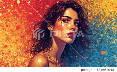portrait of a girl with beautiful face and makeup, pop art illustration on abstract color background 123661048