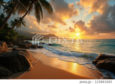 impressive seascape with wide angle viewing, beautiful ocean and beach with stones and palms at sunset, waves foam on sand and reflect setting sun, beautiful nature in background 123661085