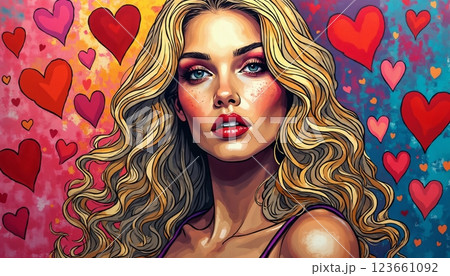 portrait of a girl with beautiful face and makeup, pop art illustration on abstract color background 123661092