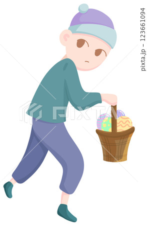 A young boy holding a basket full of Easter eggs A young boy holding a basket full of Easter eggs 123661094