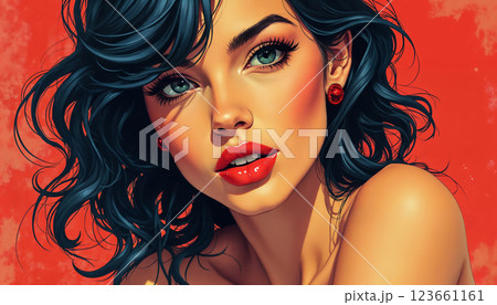 portrait of a girl with beautiful face and makeup, pop art illustration on abstract color background 123661161