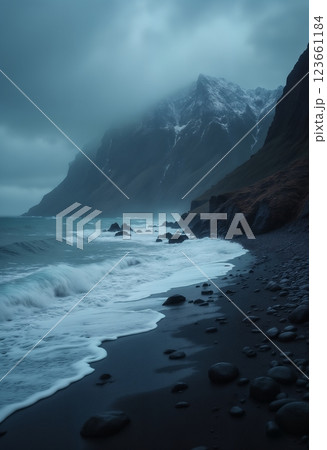 impressive seascape of the north, gloomy cold sea and rocks, haze, cold and gloomy surroundings, dramatic sky with clouds impressive seascape of the north, gloomy cold sea and rocks, haze, cold and gloomy surroundings, dramatic sky with clouds 123661184