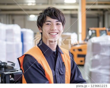 AI生成画像　物流倉庫で働く若い日本人男性のポートレート 123661223