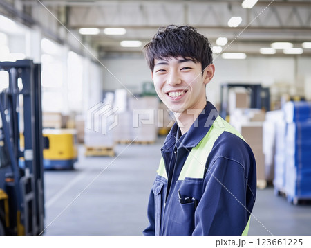 AI生成画像　物流倉庫で働く若い日本人男性のポートレート 123661225