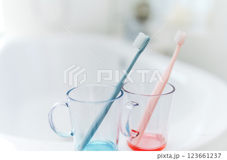 おしゃれな洗面所にある歯ブラシ 123661237