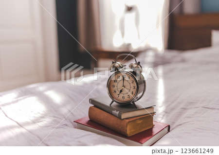 古書の上に置かれたアンティーク目覚まし時計 古書の上に置かれたアンティーク目覚まし時計 123661249