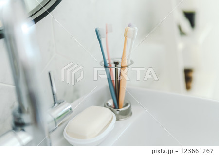おしゃれな洗面所にある歯ブラシ 123661267
