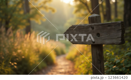 an empty sign board on the background of a forest, made of wood, old and weathered plaque 123661420