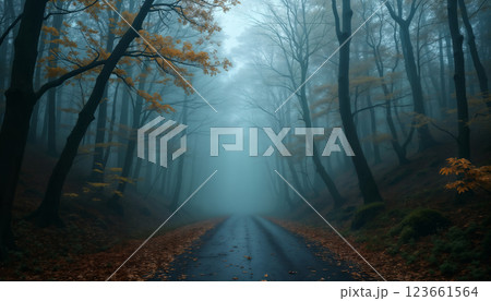 forest in autumn season, beautiful nature in morning, rainy weather, cloudy 123661564