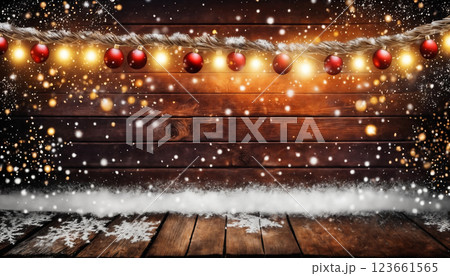 Christmas decorations and gifts and garland on an old wooden background for new year celebrations, winter fairy tale 123661565
