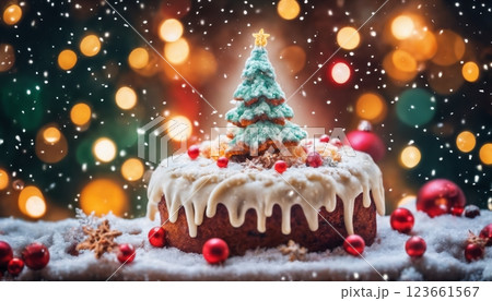 Christmas cake with decorations for New Year's holidays, beautiful background, winter fairy tale 123661567