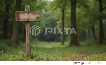 an empty sign board on the background of a forest, made of wood, old and weathered plaque 123661568