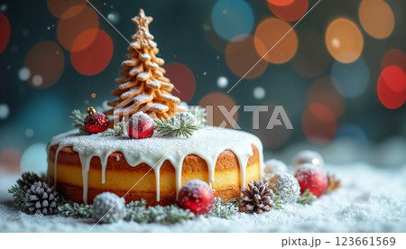 Christmas cake with decorations for New Year's holidays, beautiful festive bright background with lights, winter fairy tale 123661569