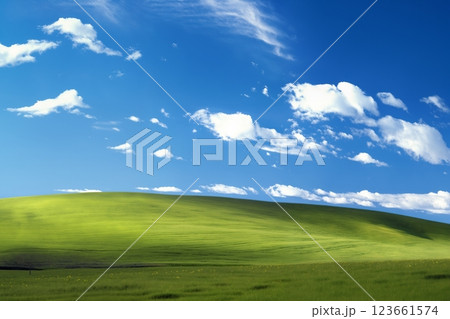 A beautiful summer or spring landscape with green grass on the hills and green fields. The blue sky is filled with white clouds and bright sunlight. Nature as a background. 123661574