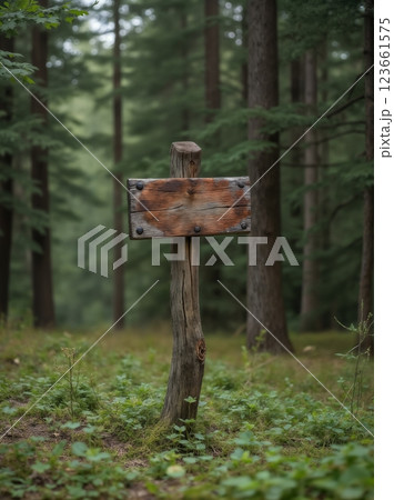 an empty sign board on the background of a forest, made of wood, old and weathered plaque 123661575