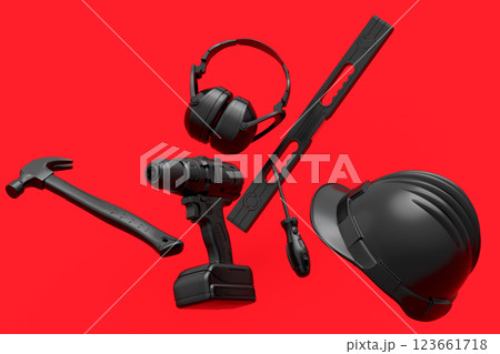 Flying view of monochrome construction tools for repair on red background Flying view of monochrome construction tools for repair on red background 123661718