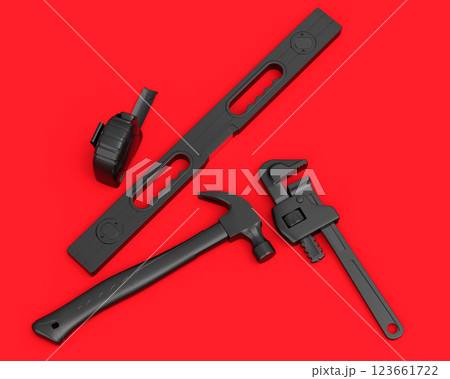 Top view of monochrome construction tools for repair on red background Top view of monochrome construction tools for repair on red background 123661722