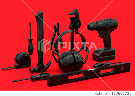 Top view of monochrome construction tools for repair on red background 123661723