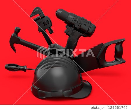 Top view of monochrome construction tools for repair on red background Top view of monochrome construction tools for repair on red background 123661743