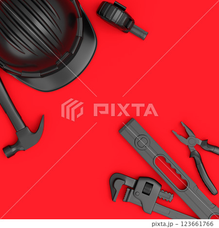 Top view of monochrome construction tools for repair on red background Top view of monochrome construction tools for repair on red background 123661766