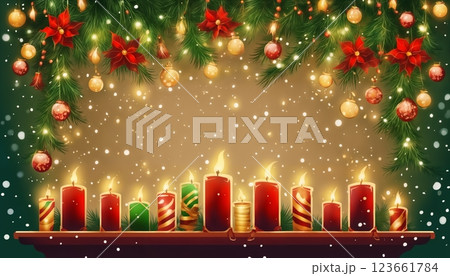 Christmas decorations and gifts and garland on a wall background for new year celebrations, winter fairy tale 123661784