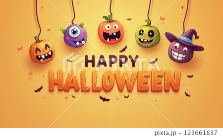 illustration of Halloween decorations with pumpkins and monster faces on a yellow color background 123661837
