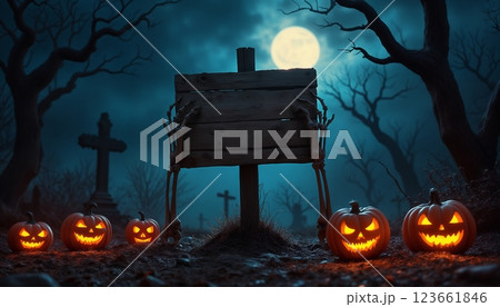 the skeleton's hands hold a sign at the entrance to the cemetery, moonlight and a fabulous atmosphere in a dark forest, pumpkins and bats, a gloomy Halloween setting 123661846