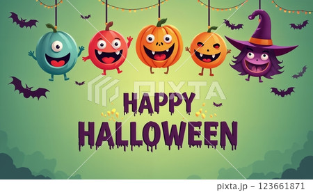 illustration of Halloween decorations with pumpkins and monster faces on a green color background 123661871