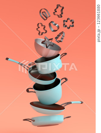 Kitchen appliances and utensils for making breakfast on orange background Kitchen appliances and utensils for making breakfast on orange background 123661880