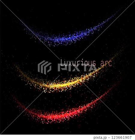 Set of multicolored arches with tinsel on black background, isolated design element 123661907