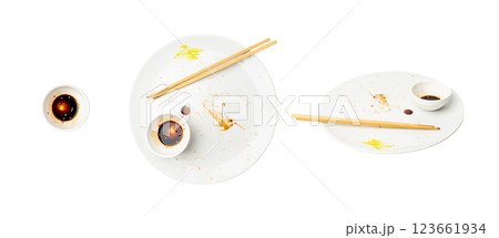 Spilled Soy Sause Leftovers Isolated, Teriyaki Drops on White Plate, Oyster Sauce Smear Texture 123661934