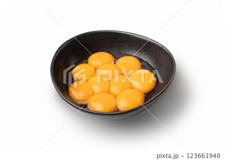 Egg Yolks in Bowl, Fresh Chicken Egg Yolk Separated from Whites for Cooking Recipe, Organic Yolks Top View 123661940