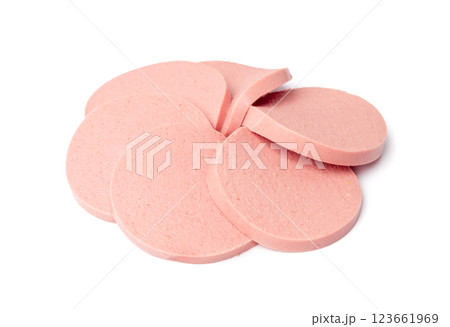 Mortadella Slice Isolated, Luncheon Meat Cut, Chicken Ham, Boiled Sausage for Breakfast 123661969