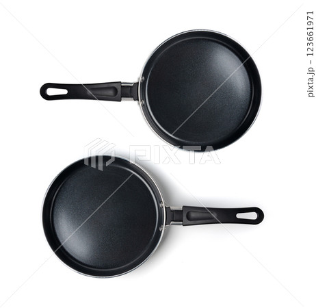Small frying pan isolated, new non stick mini skillet, empty nonstick surface cookware, single egg pan, 123661971