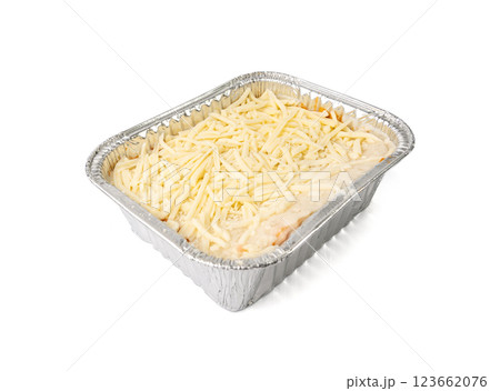 Lasagna portion in aluminium foil tray isolated. Oven baked lasagne for heating, container, airplane food 123662076