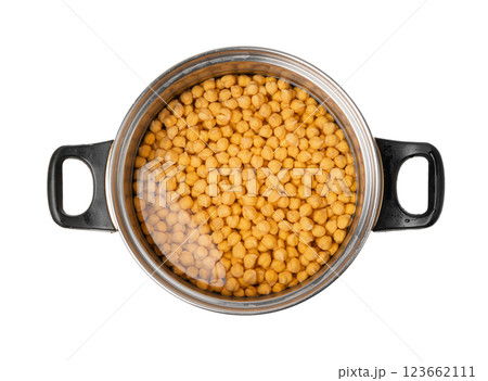 Soaked chickpeas, chick pea in water, swollen wet Cicer arietinum fruits, garbanzo beans cooking 123662111